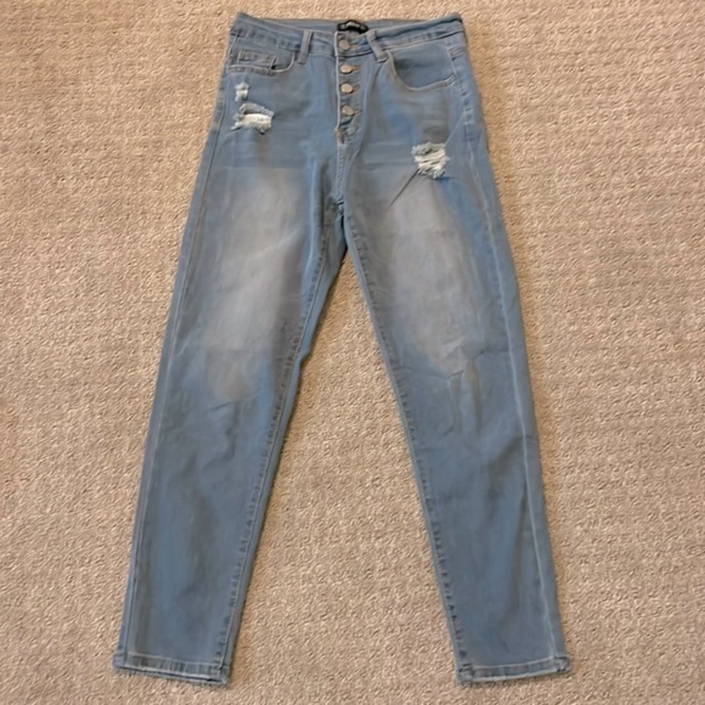 Sheilay Light Denim Wash Button Up High Waist Distressed Straight Jeans